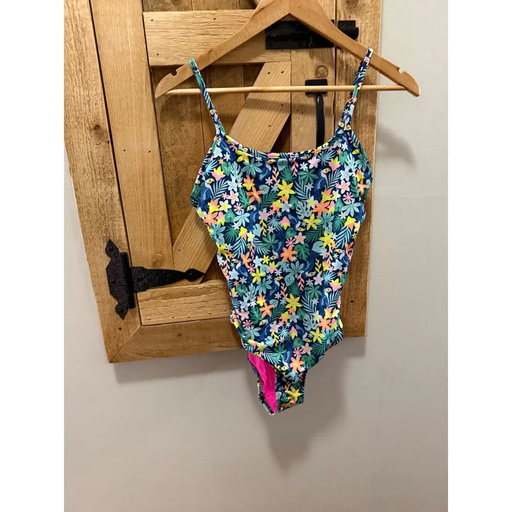 Chubbies Womens Tropical Floral One Piece Swimsuit Navy Pink Medium